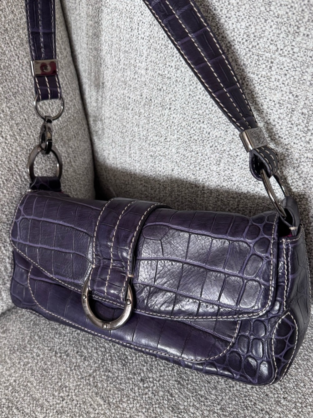 Y2K fabulous Purple Croc-Embossed Leather Shoulder Bag by Donald J Pliner